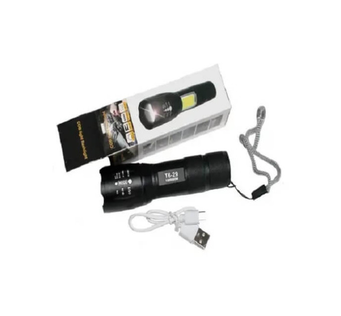 Фонарь BL 29 T6 – LED T6 с боковой подсветкой COB, фокусировка, USB