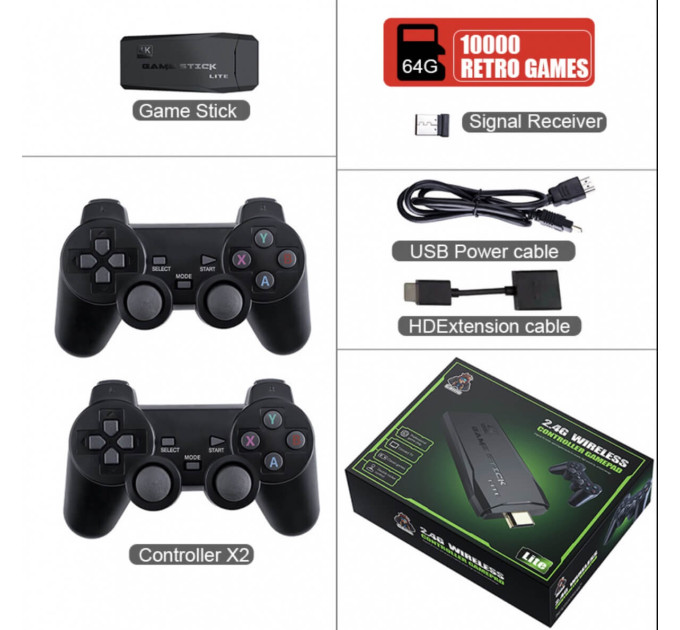 Игровая приставка M8 Data Frog Y3 Lite Game Stick 4K HDMI — с 2 беспроводными геймпадами, 64 ГБ памяти