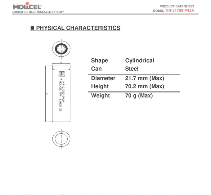 Аккумулятор Molicel INR21700-P42A 4200mAh 3,7В — высокоточный Li-ion для FPV