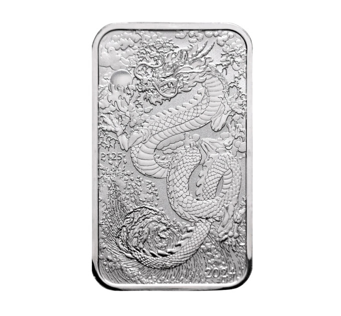 Прямоугольная серебряная монета 1 Oz Дракон 2024 Australia – 999,9 Серебро, Чарльз III, в капсуле
