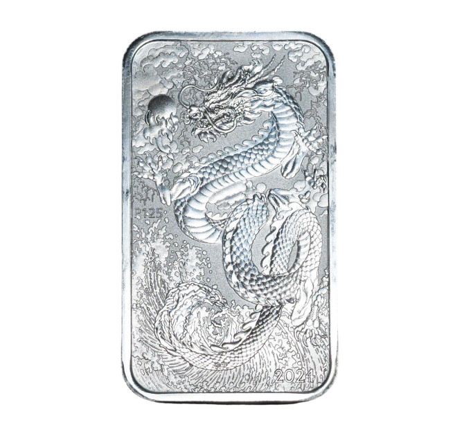 Прямоугольная серебряная монета 1 Oz Дракон 2024 Australia – 999,9 Серебро, Чарльз III, в капсуле