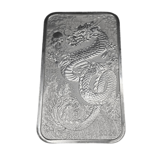 Прямоугольная серебряная монета 1 Oz Дракон 2024 Australia – 999,9 Серебро, Чарльз III, в капсуле