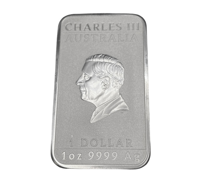 Прямоугольная серебряная монета 1 Oz Дракон 2024 Australia – 999,9 Серебро, Чарльз III, в капсуле