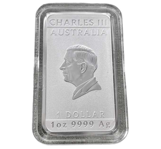 Прямоугольная серебряная монета 1 Oz Дракон 2024 Australia – 999,9 Серебро, Чарльз III, в капсуле