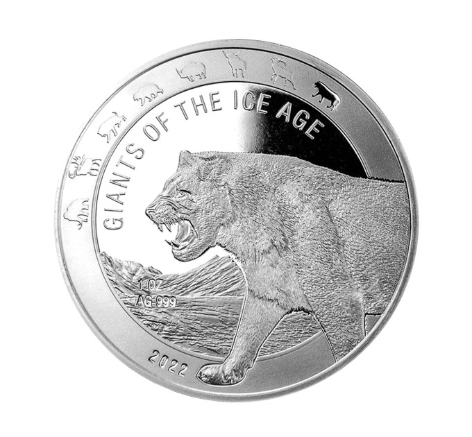 Серебряная монета Пещерный Лев 1oz 5 седи 2022 Гана
