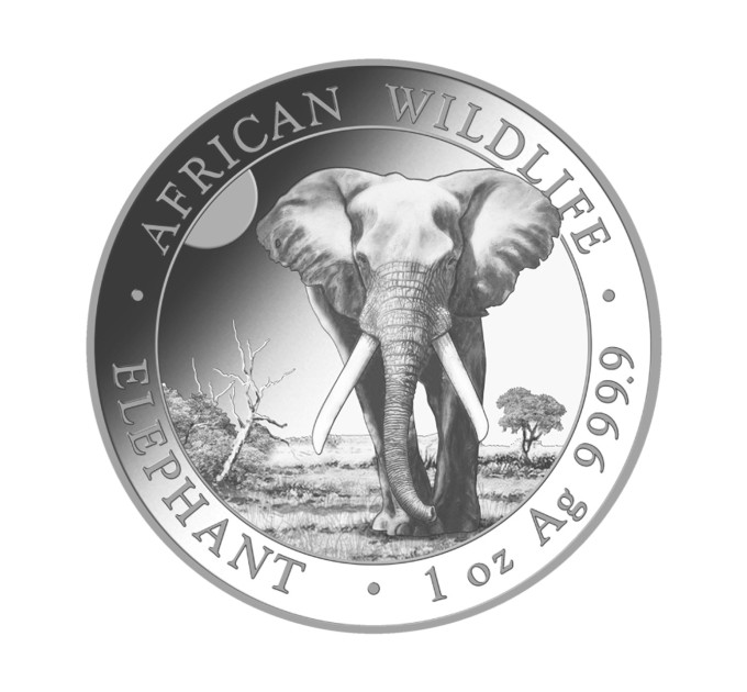 Серебряная монета 2025 African Wildlife Elephant 1 унция Слон Сомали 100 шиллингов