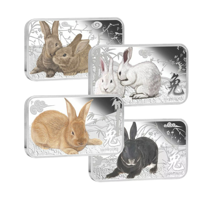 Коллекция из 4 серебряных слитков-монет $1 Островов Кука «Год кролика» 2011, 1oz, с сертификатом