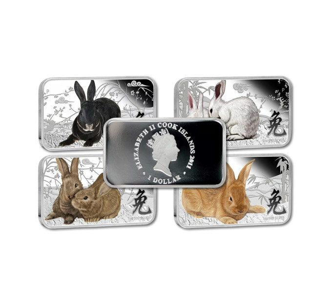 Коллекция из 4 серебряных слитков-монет $1 Островов Кука «Год кролика» 2011, 1oz, с сертификатом