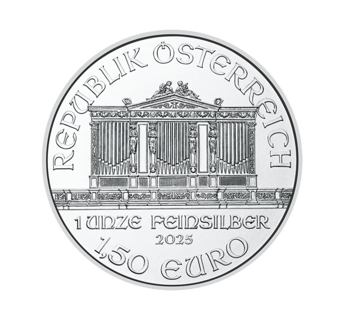 Серебряная монета 1,5€ Венская Филармония 2025, 1 унция, 999 пробы