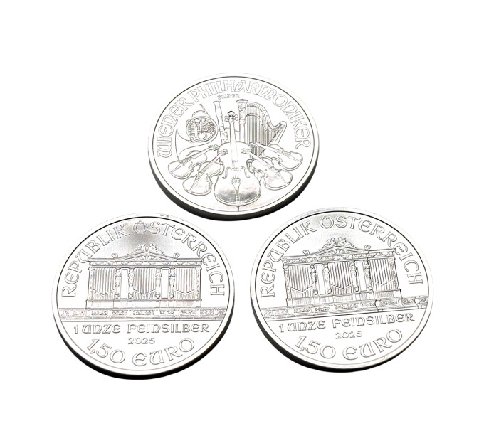 Серебряная монета 1,5€ Венская Филармония 2025, 1 унция, 999 пробы
