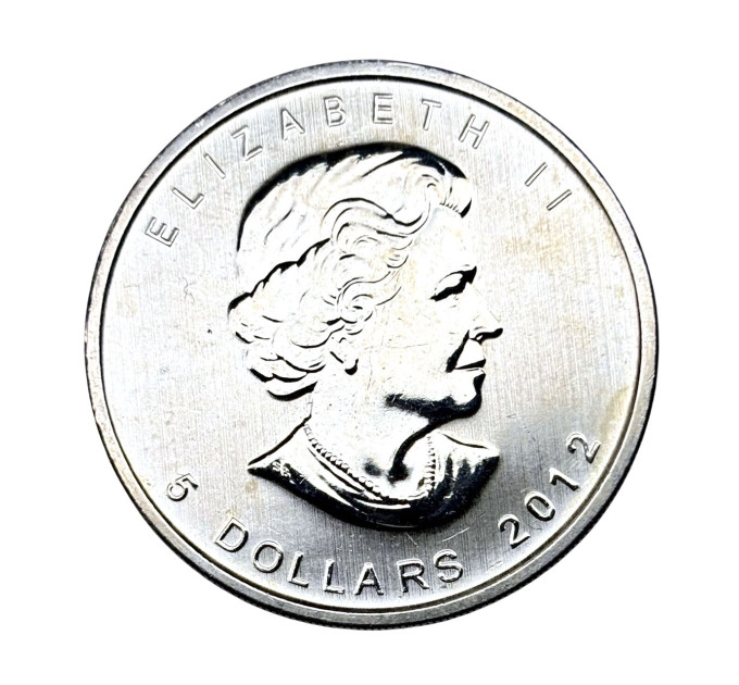 Серебряная инвестиционная монета 5$ Кленовый Лист 2012 года, Канада, 1 унция