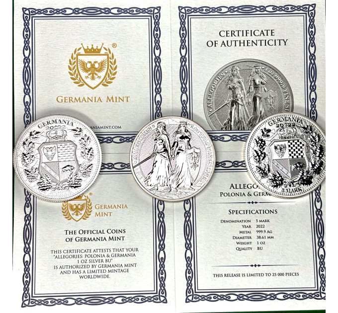 Серебряная коллекционная монета 5 mark «Аллегории – Польша и Германия» 2022