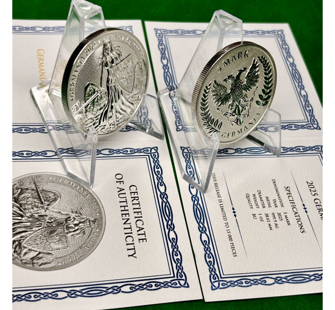 Серебряная монета Germania 2025, 5 марок, 1 oz, 999.9, с сертификатом