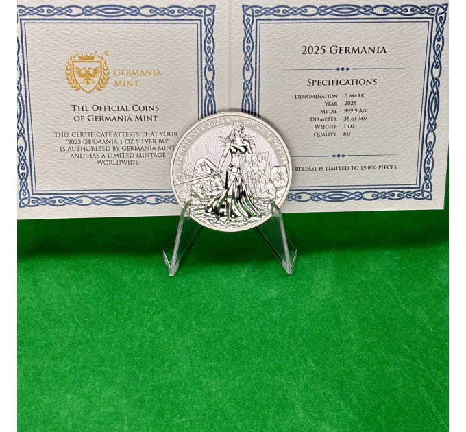Серебряная монета Germania 2025, 5 марок, 1 oz, 999.9, с сертификатом