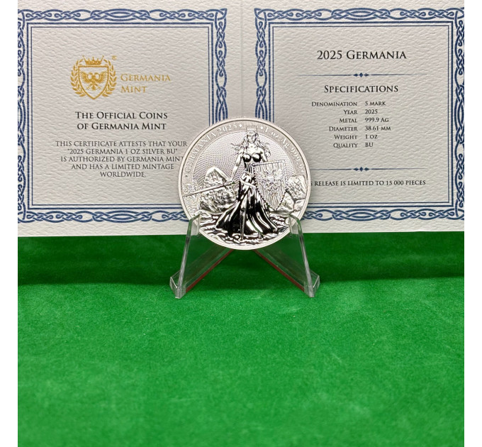 Серебряная монета Germania 2025, 5 марок, 1 oz, 999.9, с сертификатом