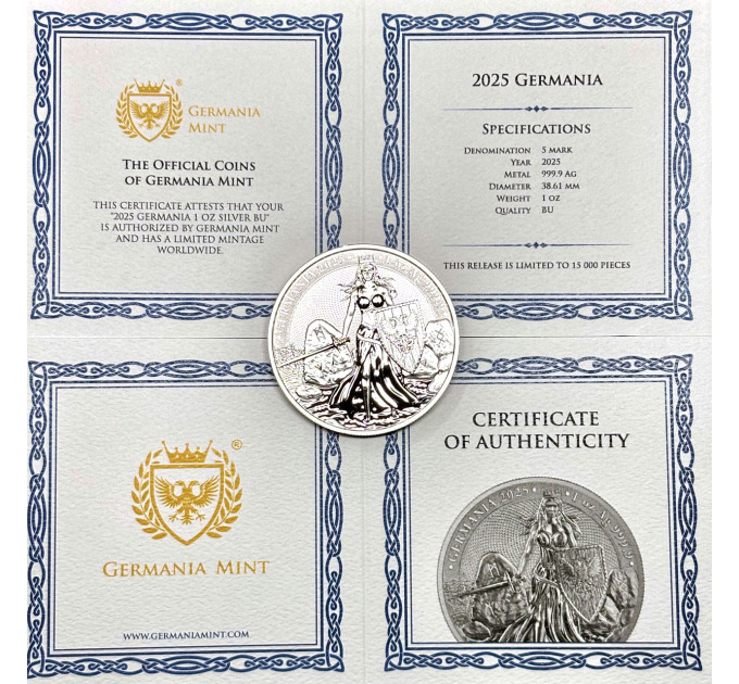Серебряная монета Germania 2025, 5 марок, 1 oz, 999.9, с сертификатом