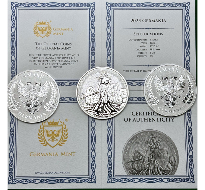 Серебряная монета Germania 2025, 5 марок, 1 oz, 999.9, с сертификатом