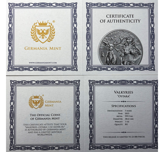 Серебряная монета Valkyries Остара 2023, 1 oz, 5 марок, Германия