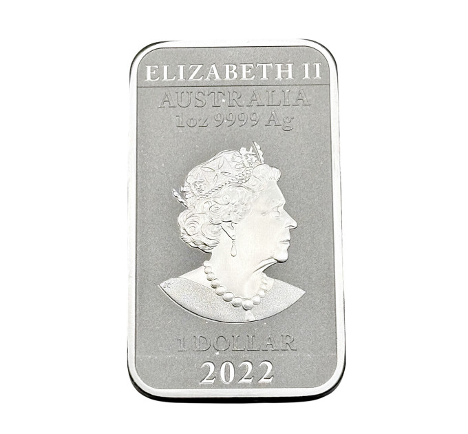 Прямоугольная серебряная монета 1$ «Дракон» 2022 — Австралия 1oz Ag999,9