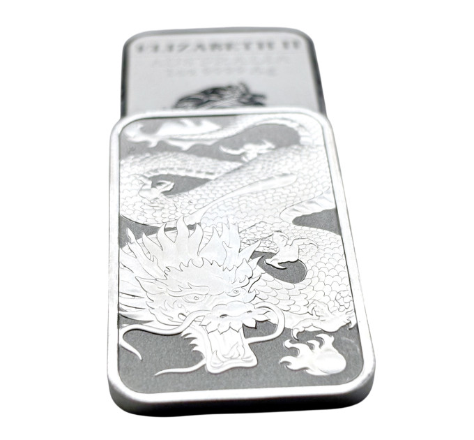 Прямоугольная серебряная монета 1$ «Дракон» 2022 — Австралия 1oz Ag999,9