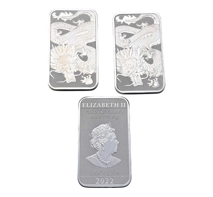 Прямоугольная серебряная монета 1$ «Дракон» 2022 — Австралия 1oz Ag999,9