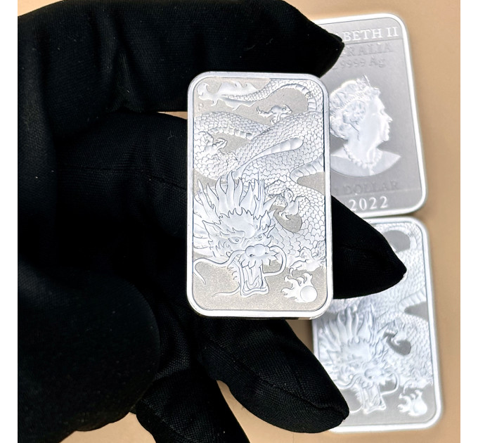 Прямоугольная серебряная монета 1$ «Дракон» 2022 — Австралия 1oz Ag999,9