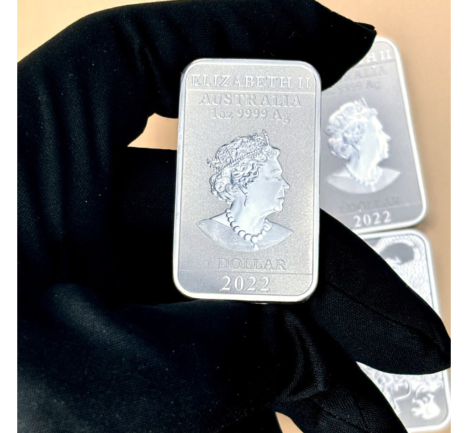 Прямоугольная серебряная монета 1$ «Дракон» 2022 — Австралия 1oz Ag999,9