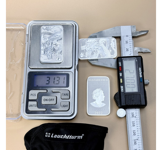 Прямоугольная серебряная монета 1$ «Дракон» 2022 — Австралия 1oz Ag999,9