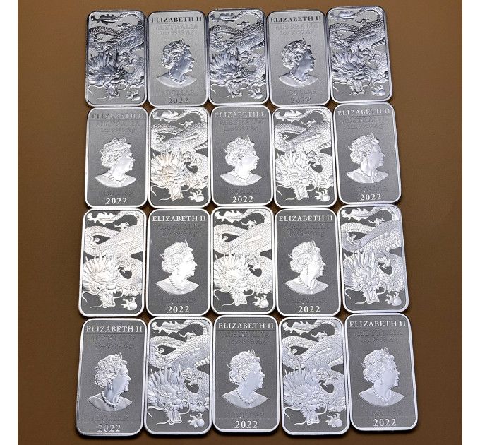 Прямоугольная серебряная монета 1$ «Дракон» 2022 — Австралия 1oz Ag999,9
