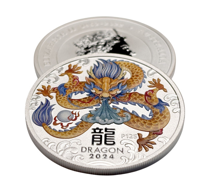 Серебряная цветная монета 1$ Год Дракона 1 oz 2024 Австралия