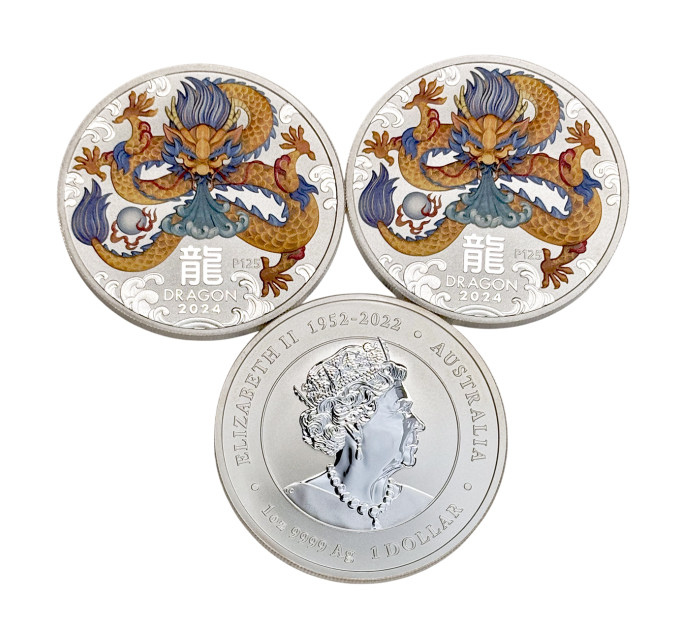 Серебряная цветная монета 1$ Год Дракона 1 oz 2024 Австралия