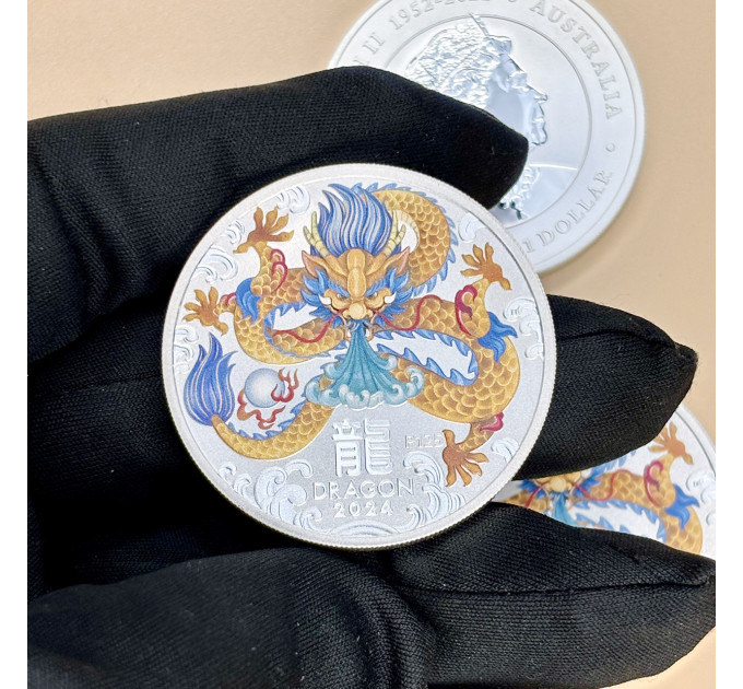 Серебряная цветная монета 1$ Год Дракона 1 oz 2024 Австралия