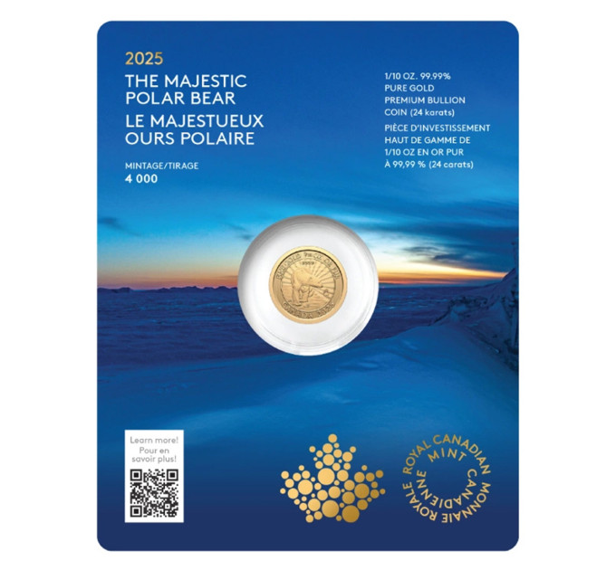 Золотая монета Канада 1/10 oz 2025 Белый медведь, золото 9999