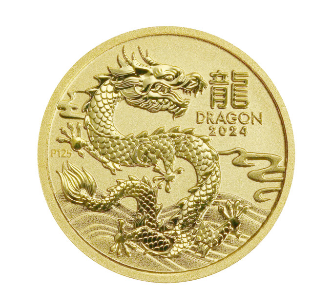 Золотая монета Австралия Знак Дракона 2024 — 1/10 oz, 15$, Perth Mint