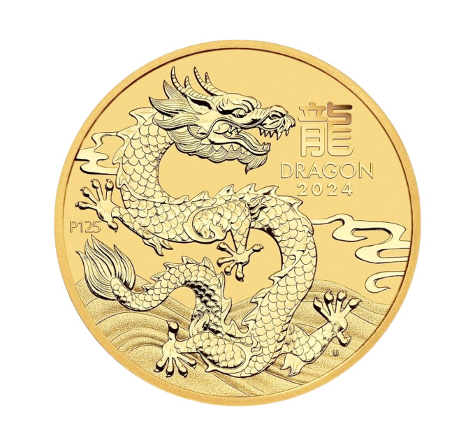 Золотая монета Австралия Знак Дракона 2024 — 1/10 oz, 15$, Perth Mint