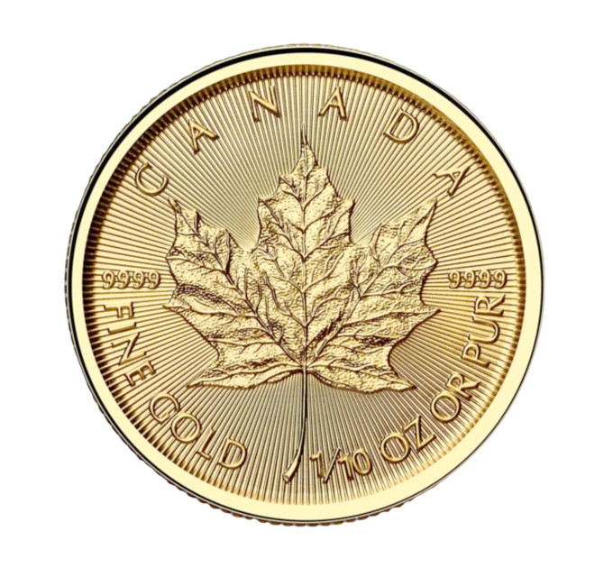 Монета золотая Кленовый лист 2025 1/10oz 5$ Канада