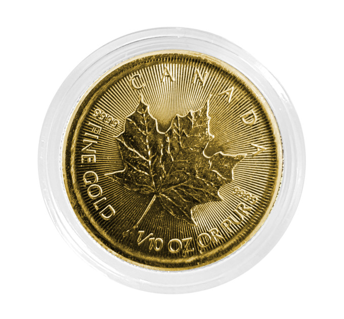 Монета золотая Кленовый лист 2025 1/10oz 5$ Канада