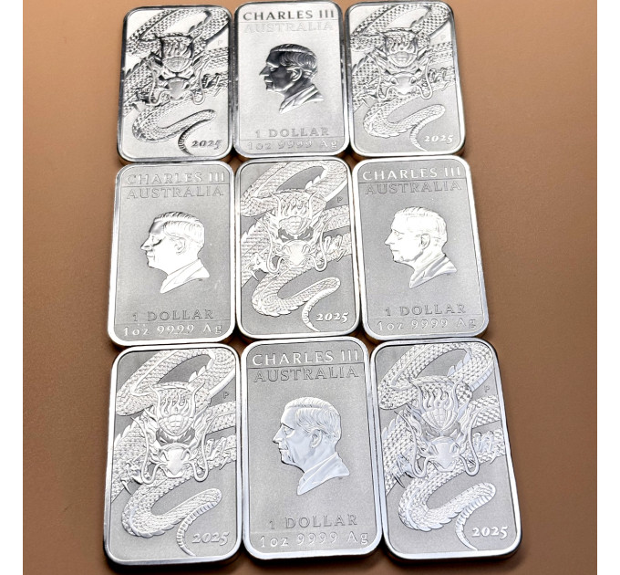 Серебряная монета 1 $ Прямоугольный Дракон 1 oz 2025 Австралия