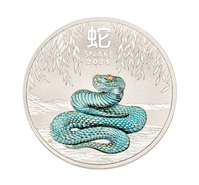 Цветная серебряная монета 1 $ «Год Змеи» 1 oz 2025 Австралия