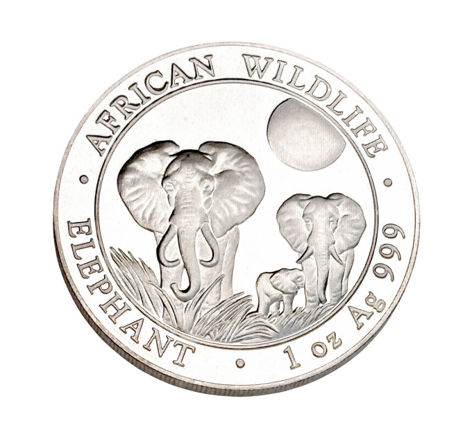 Серебряная монета 100 шиллингов «Африканский слон» 1 oz 2014 Сомали