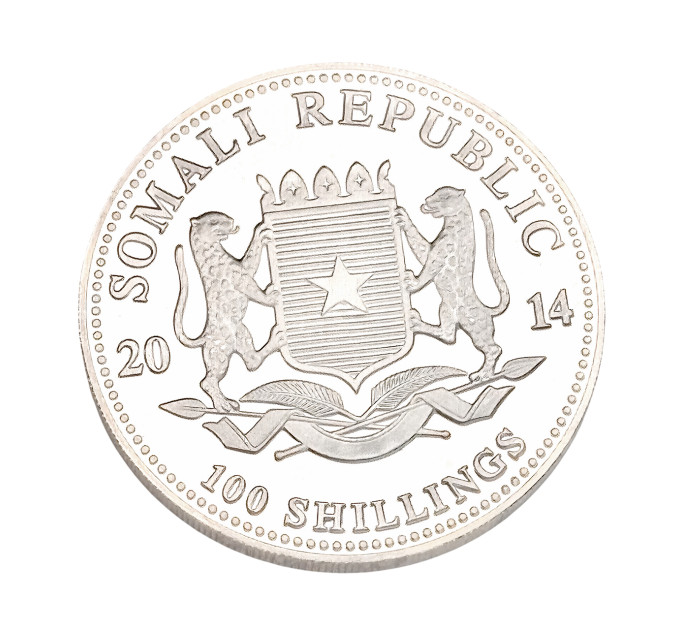 Серебряная монета 100 шиллингов «Африканский слон» 1 oz 2014 Сомали