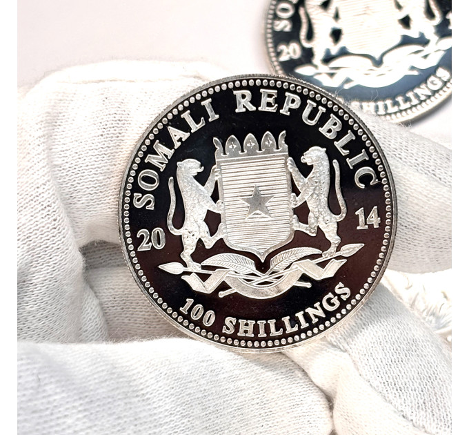 Серебряная монета 100 шиллингов «Африканский слон» 1 oz 2014 Сомали