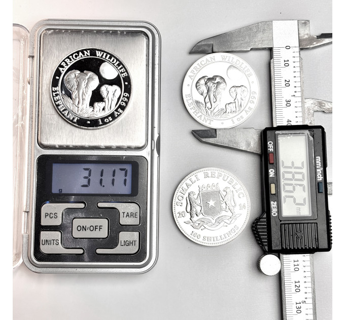 Серебряная монета 100 шиллингов «Африканский слон» 1 oz 2014 Сомали