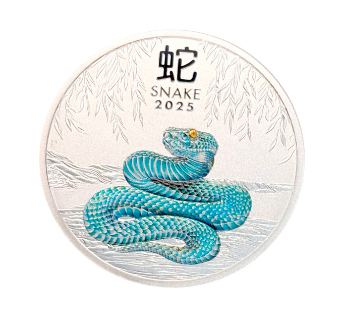 Цветная серебряная монета 8$ Год Змеи 5 oz 2025 Австралия