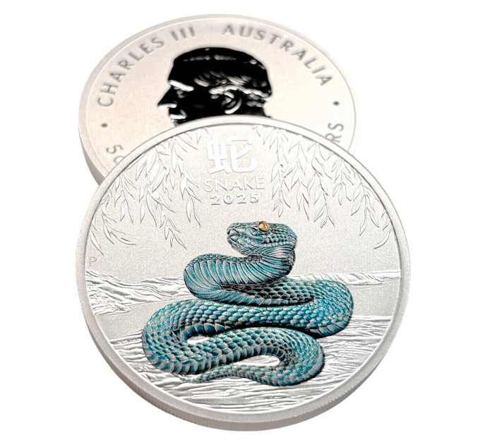 Цветная серебряная монета 8$ Год Змеи 5 oz 2025 Австралия