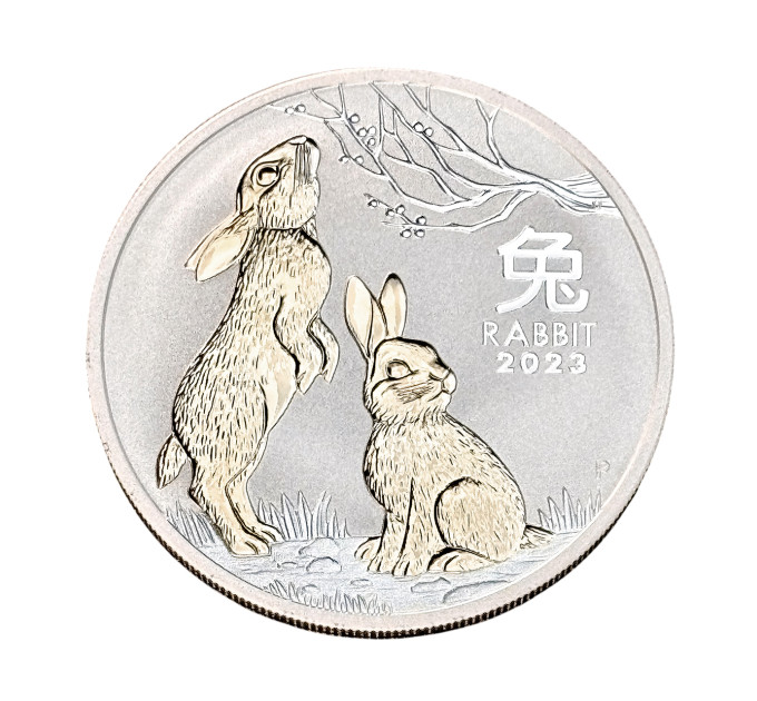 Серебряная монета 1$ Год Кролика 1oz 2023 с позолотой