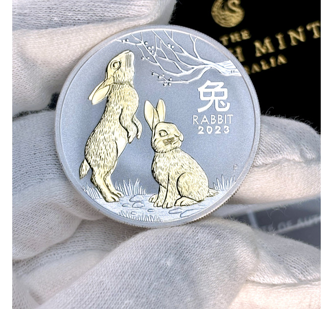 Серебряная монета 1$ Год Кролика 1oz 2023 с позолотой