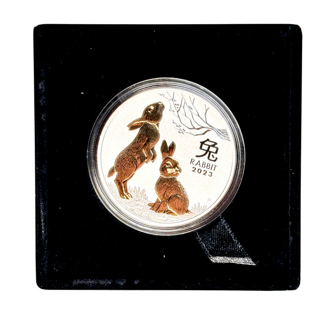 Серебряная монета 1$ Год Кролика 1oz 2023 с позолотой