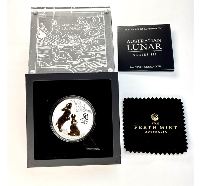 Серебряная монета 1$ Год Кролика 1oz 2023 с позолотой