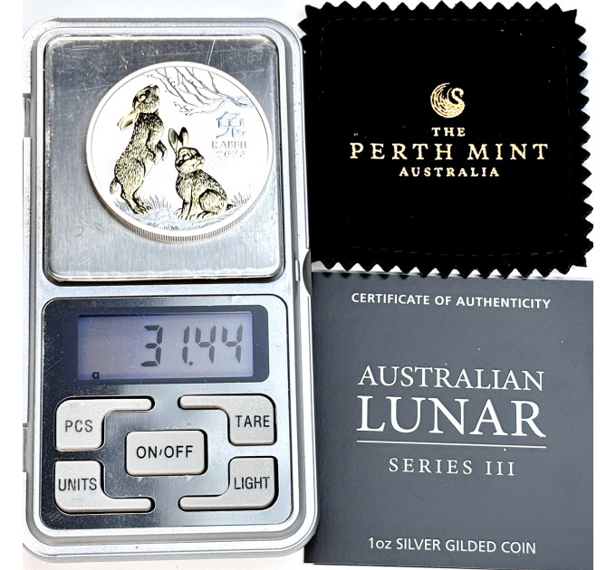 Серебряная монета 1$ Год Кролика 1oz 2023 с позолотой